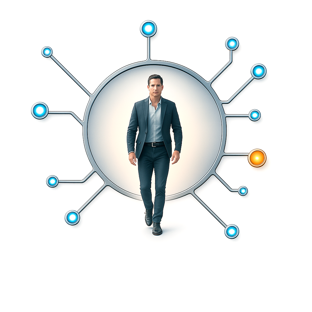Man walking forward in a futuristic circular network with glowing nodes, symbolizing AI and innovation.