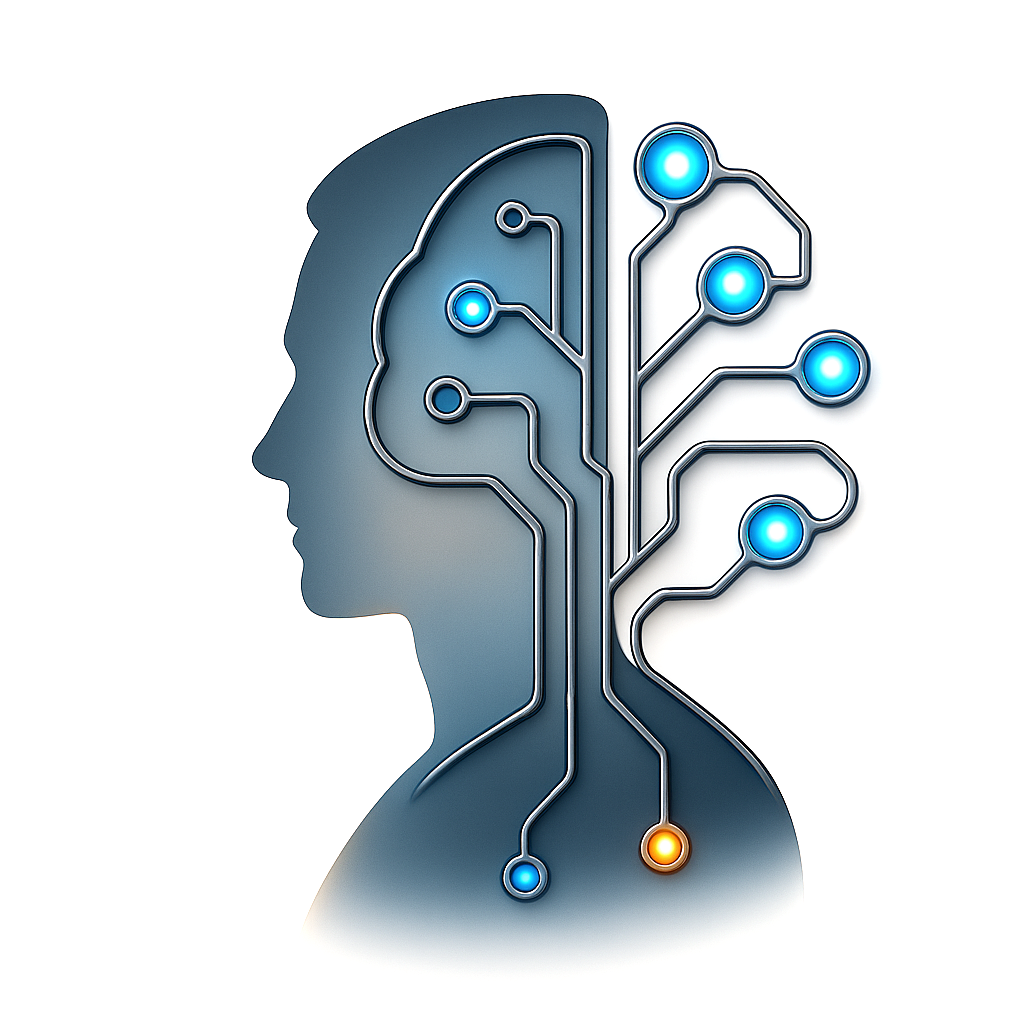 Silhouette of a human head with integrated circuit lines and glowing nodes, symbolizing the fusion of human and artificial intelligence