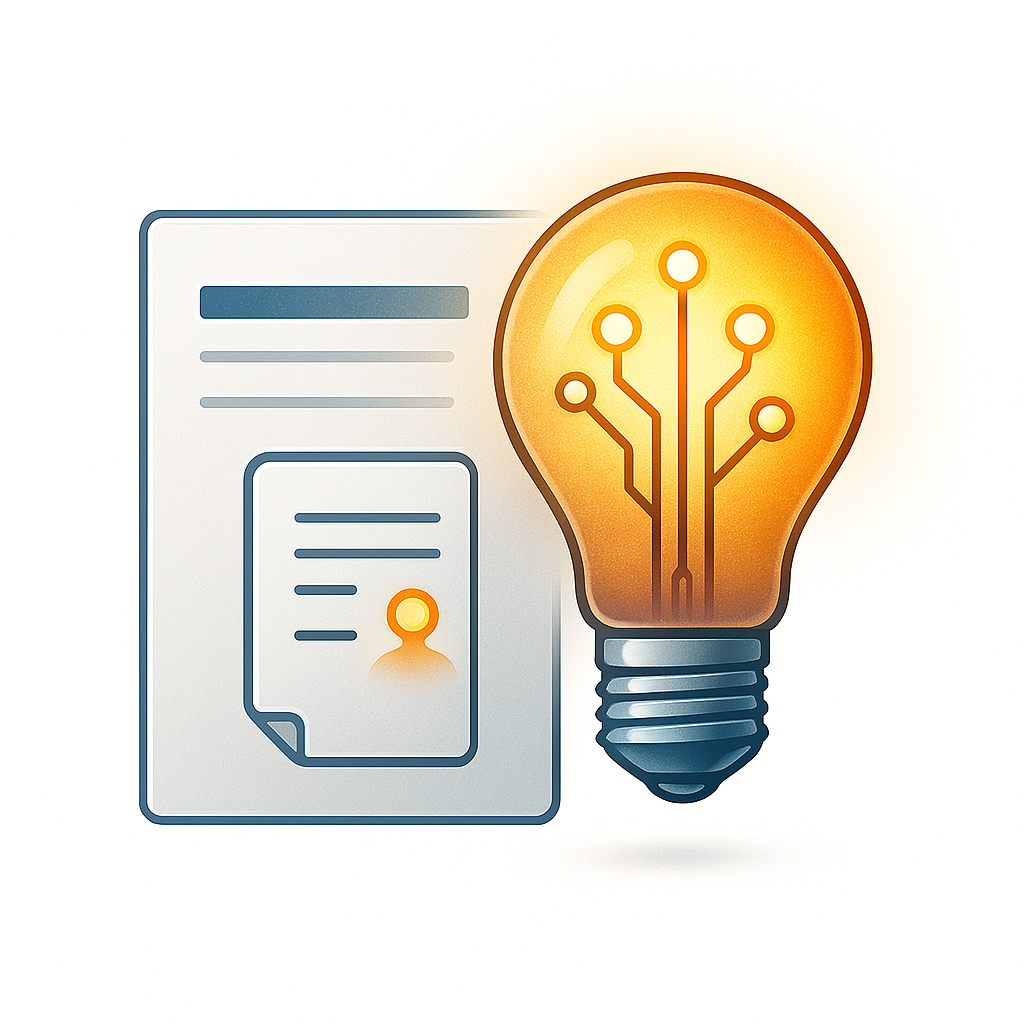 Illustration of a glowing lightbulb with circuit lines next to documents, symbolizing innovation and knowledge sharing on the blog