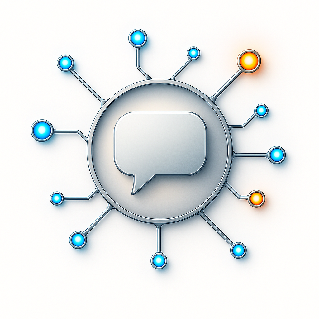 Illustration of a speech bubble surrounded by connected blue and orange nodes, symbolizing digital communication and connection