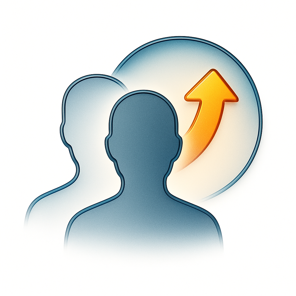 Two silhouetted figures with an upward arrow, symbolizing progress and collaborative advancement in AI.