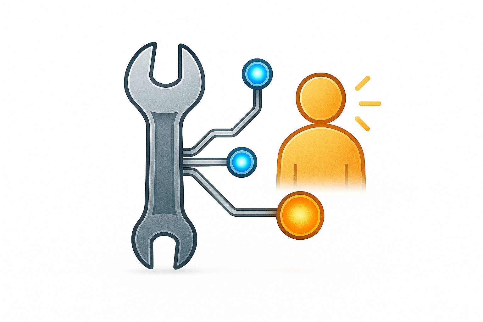 A digital wrench connected to a human figure by glowing nodes, symbolizing technology designed for real-world human use.