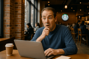Man at Starbucks exploring Google AI Mode on laptop