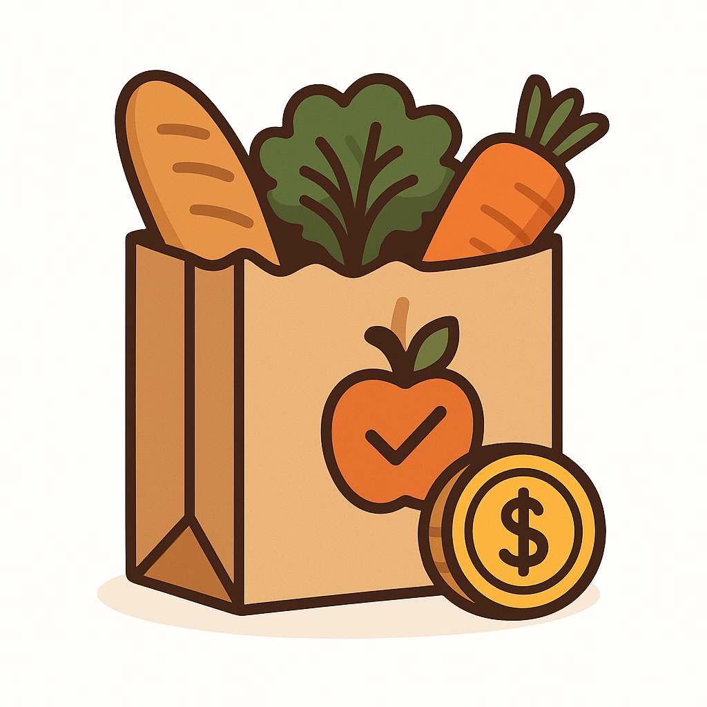Reusable grocery bag filled with fresh vegetables, bread, and a receipt, symbolizing home shopping, sustainability, and saving money.