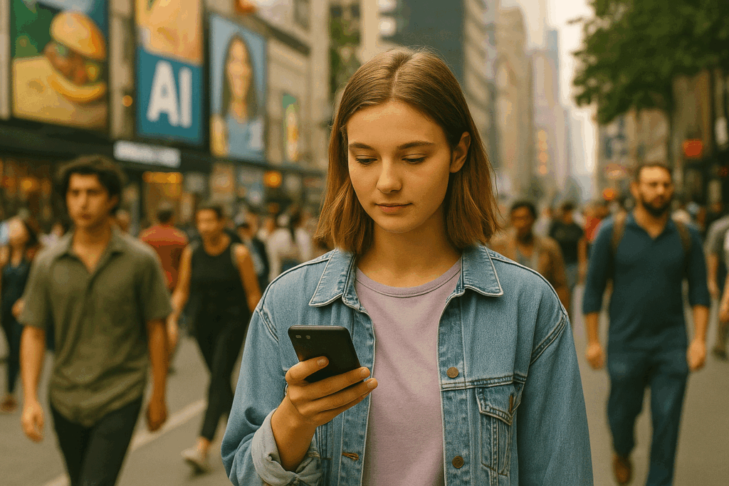 Young woman walking through a busy city street, casually looking at her phone, with AI-related content subtly displayed on digital billboards in the background.