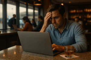 A man sitting alone at an airport bar, lit by his laptop screen, staring tensely at a message. The background buzzes with unaware travelers, while the man looks caught between panic and decision.