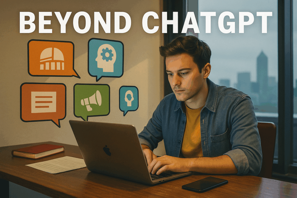 A focused young man working on a laptop in a modern office, with colorful AI-related icons and the bold headline “BEYOND CHATGPT” on the wall behind him.