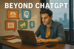 A focused young man working on a laptop in a modern office, with colorful AI-related icons and the bold headline “BEYOND CHATGPT” on the wall behind him.