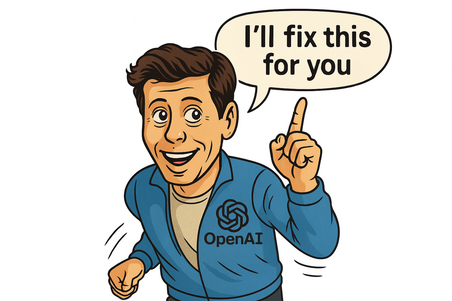 Cartoon of a smiling man in an OpenAI jacket pointing upward with the phrase "I'll fix this for you" in a speech bubble.