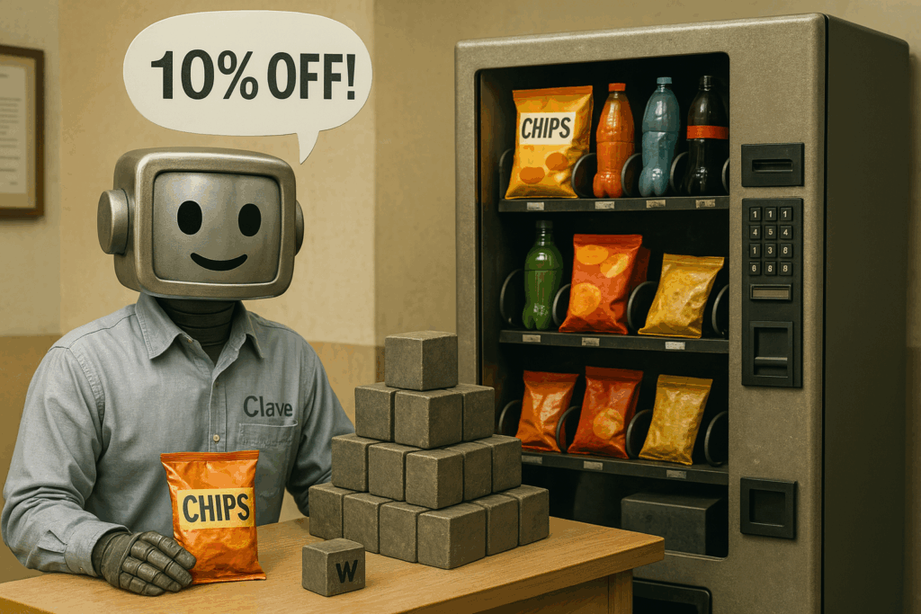 A realistic photo of a retro-style robot promoting a 10% discount on vending machine snacks, holding a bag of chips beside a stack of metal cubes, with a vending machine full of colorful snacks and drinks in the background.