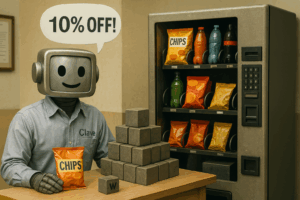 A realistic photo of a retro-style robot promoting a 10% discount on vending machine snacks, holding a bag of chips beside a stack of metal cubes, with a vending machine full of colorful snacks and drinks in the background.