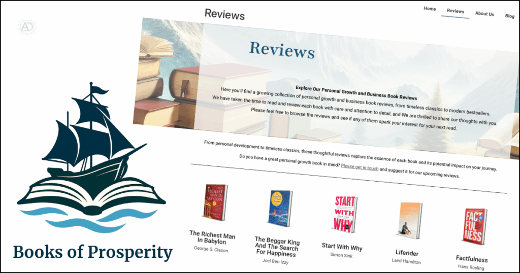 Books of Prosperity website homepage displaying book review platform built with AI-driven website development by Aerodynamic Dreams