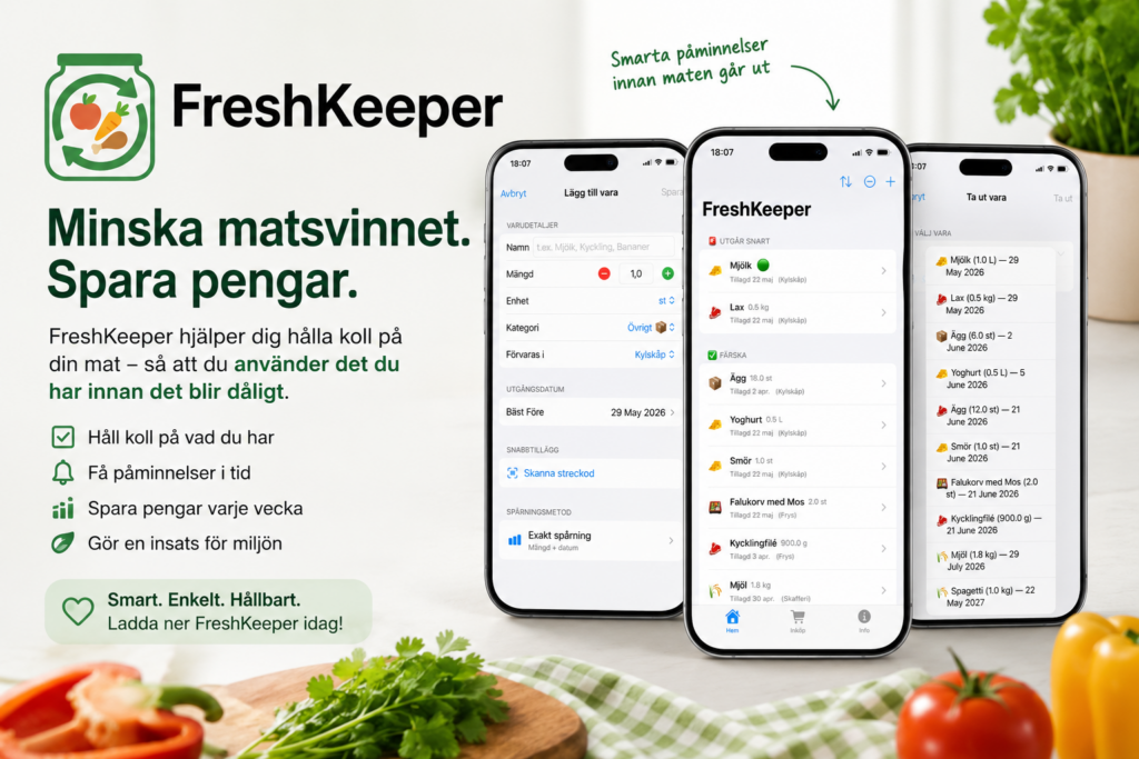 FreshKeeper app built with AI — inventory tracking and shopping list on three iPhones