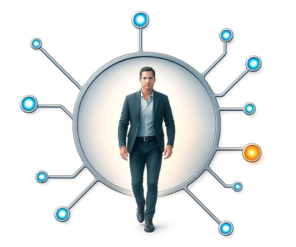 Man walking through a futuristic AI network, representing Aerodynamic Dreams' approach to exploring artificial intelligence